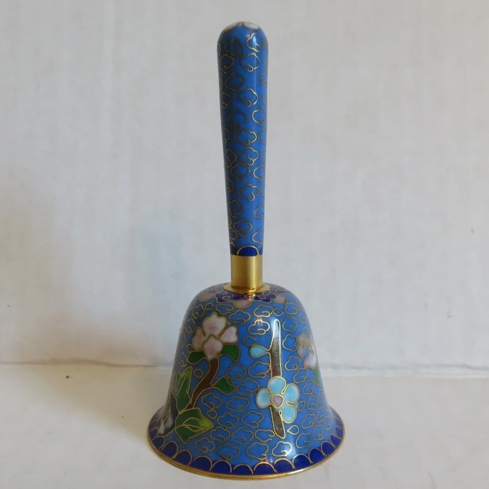Vintage Cloisonne Enamel Hand Bell Blue Floral Butterfly Chinoiserie 3.5 Inch